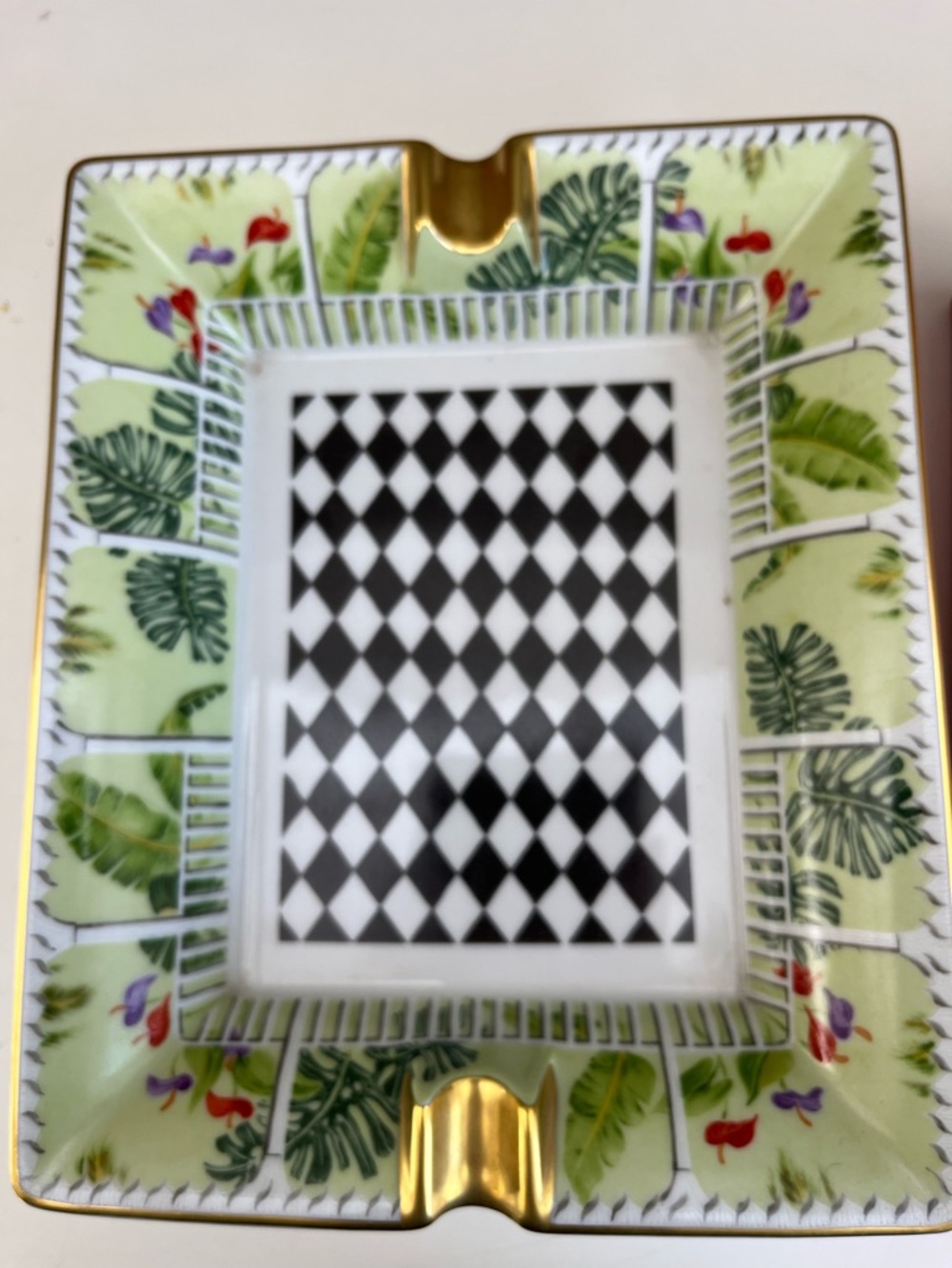 Hermes Green, Black and Gold Porcelain Ashtray with original box